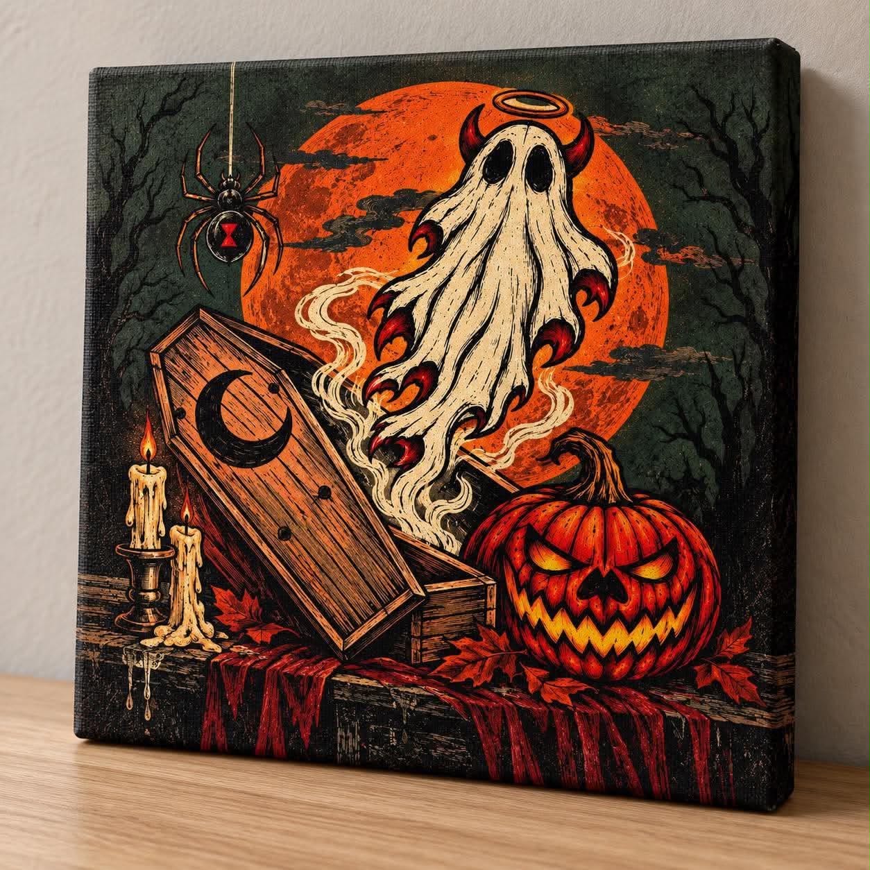 Toile d’Halloween 8 × 8 po de Raph avec un fantôme, une citrouille et un cercueil