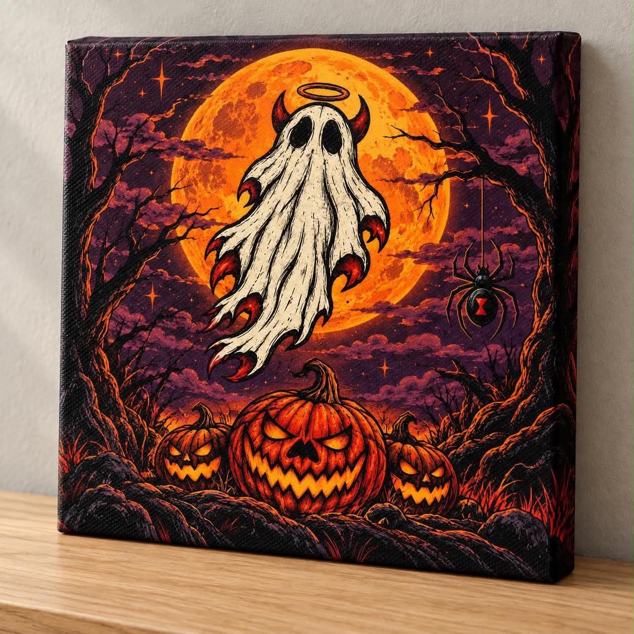 Toile d’Halloween 8 × 8 po de Raph avec un fantôme et trois citrouilles